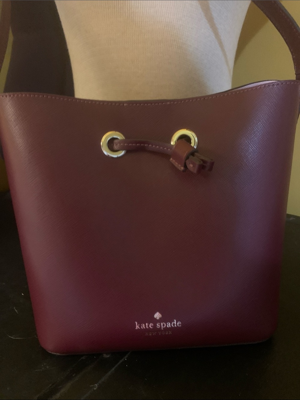 kate spade Burgundy Saffiano Leather Drawstring Shoulder Bag